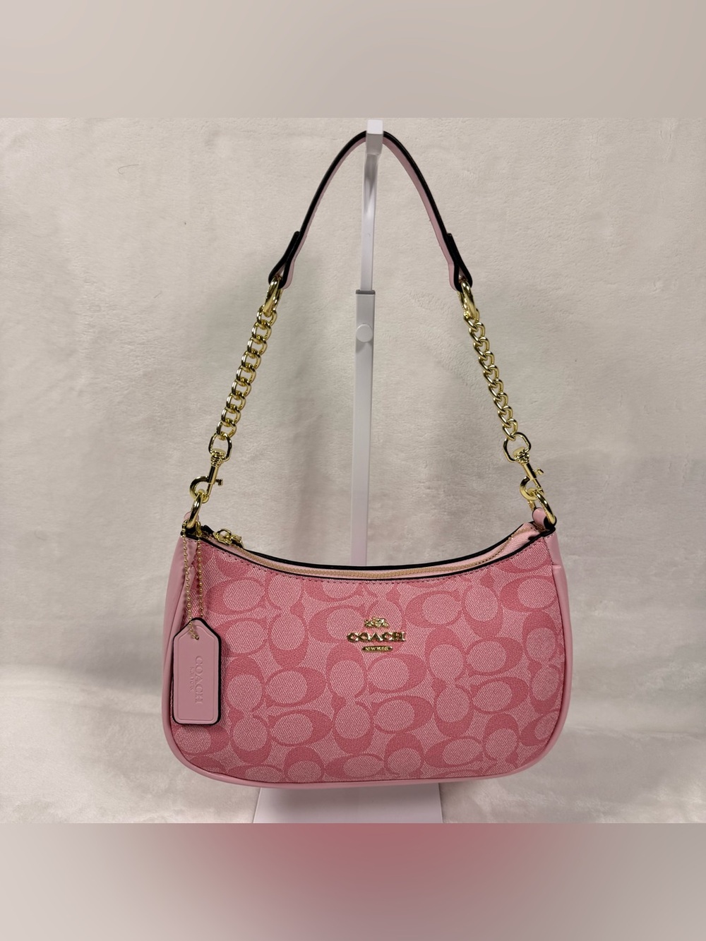 Coach Pink Signature Canvas Shoulder bag with Gold Chain Strap
